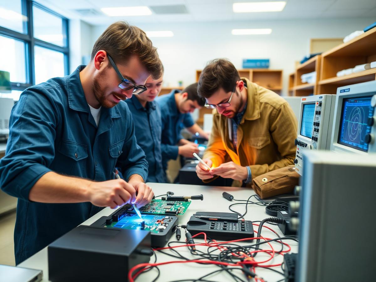 Electronics students working on circuit boards in a university laboratory.