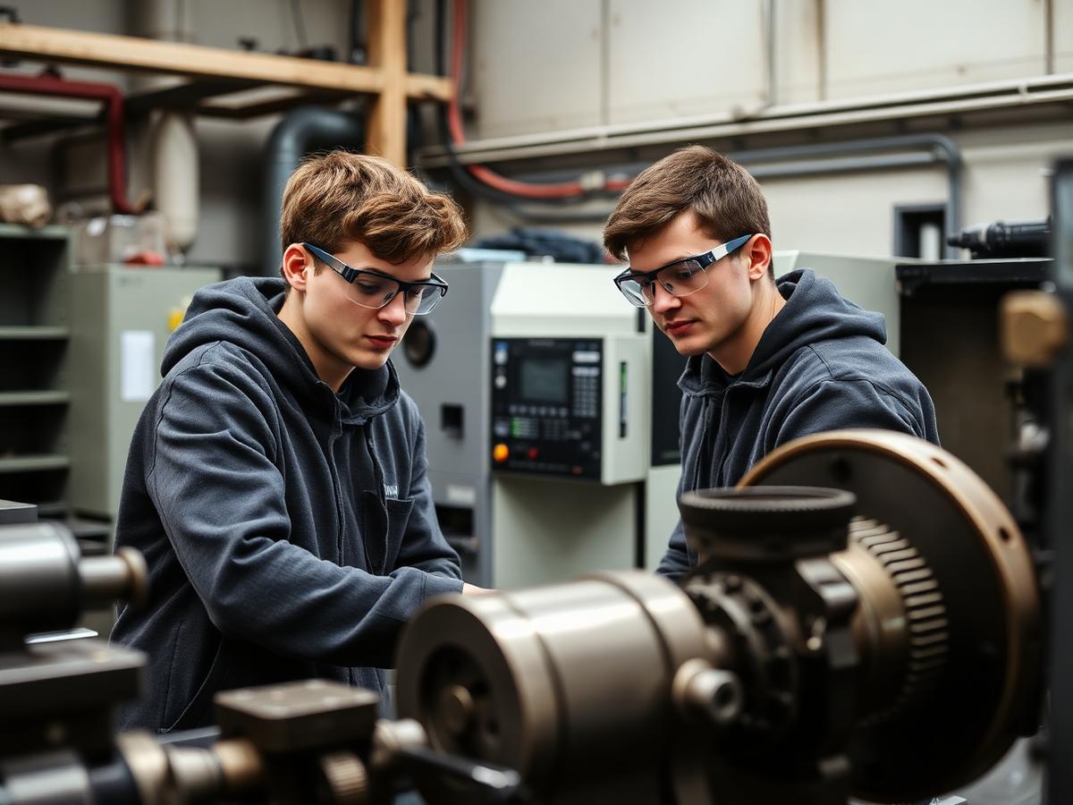 Mechanical engineering students operating machines in the workshop.