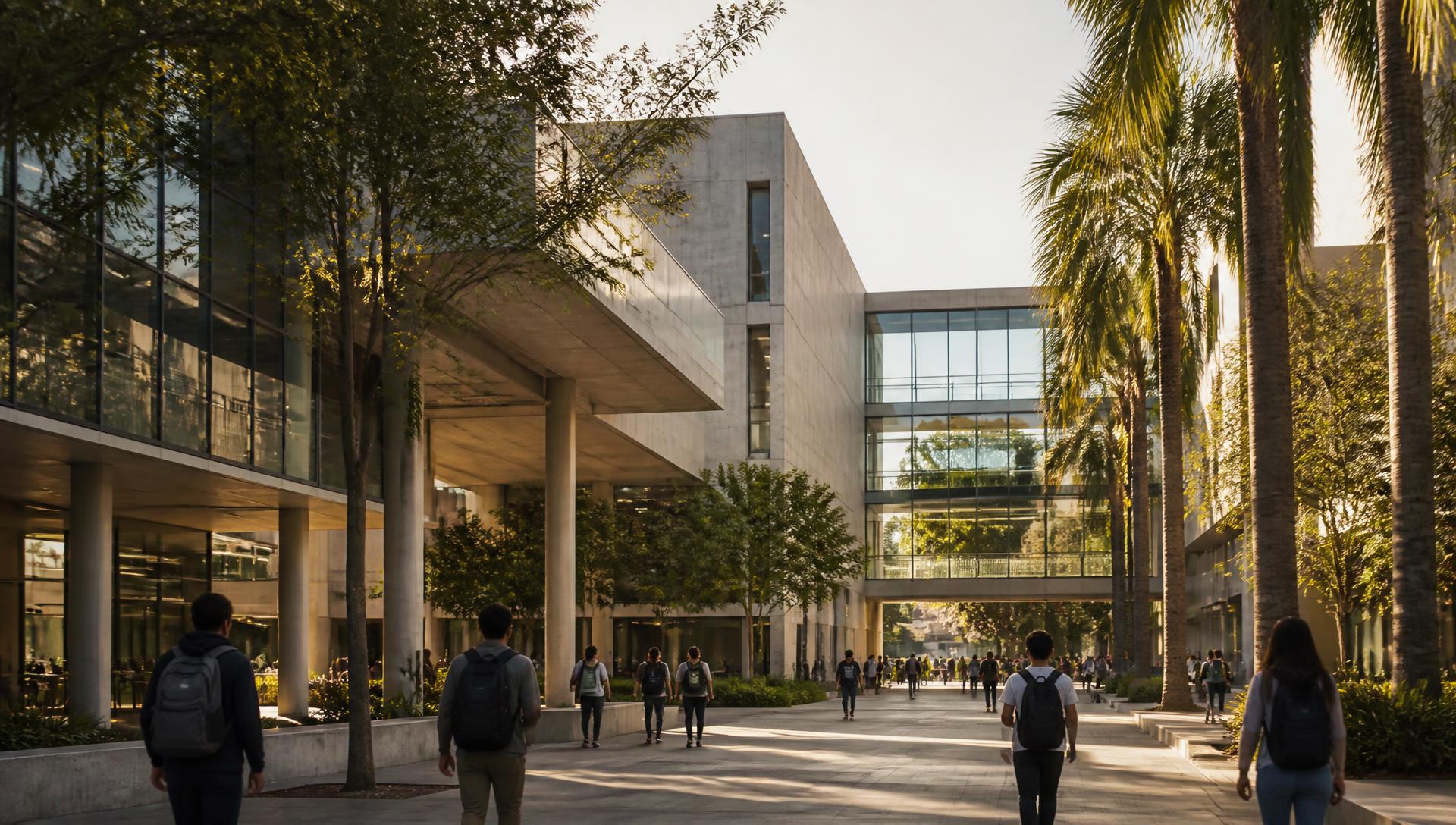 Students walking through the university campus courtyard at sunset.